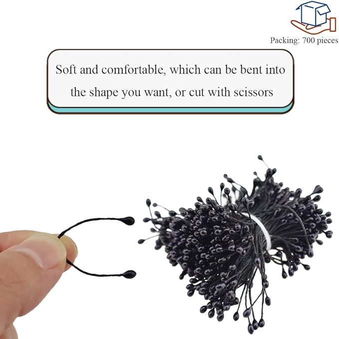 HAHIYO 700Pcs 3mm Fully Black Pearl Double Head Flower Pistil Handmade Artificial Pistil para Flore Pearlized Floral Stamen Pollen for Flower Making Scrapbook Decoration