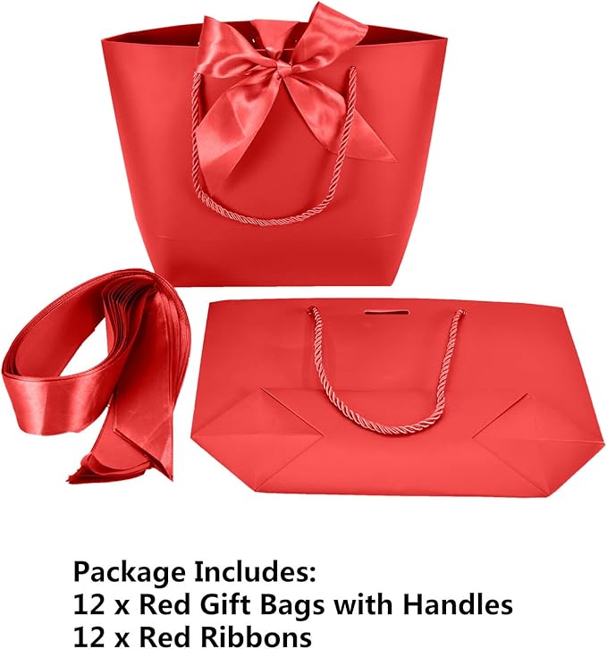HUAPRINT Gift Bags with Handles,7.48×3.54×7.9 inches,Party Favor Bags with Bow Ribbon,12Pcs Red Paper Bags for Birthday Wedding Bridesmaid Holiday Valentine's Day