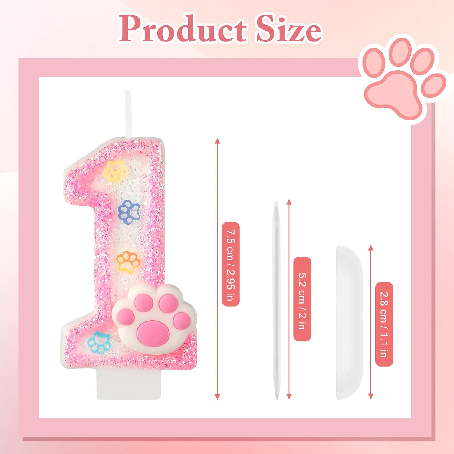 AKURIEEY Dog and Cat 1st Birthday Candle Pink Numbers 1 Candle Paw Cake Topper Cupcake Decorations for Pet Theme Party Decor Anniversary Celebrations Supplies