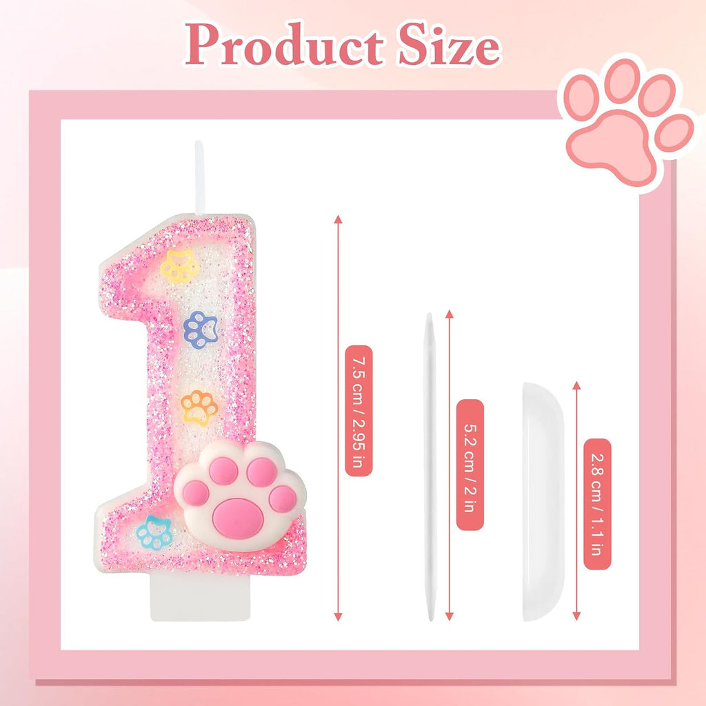 AKURIEEY Dog and Cat 1st Birthday Candle Pink Numbers 1 Candle Paw Cake Topper Cupcake Decorations for Pet Theme Party Decor Anniversary Celebrations Supplies