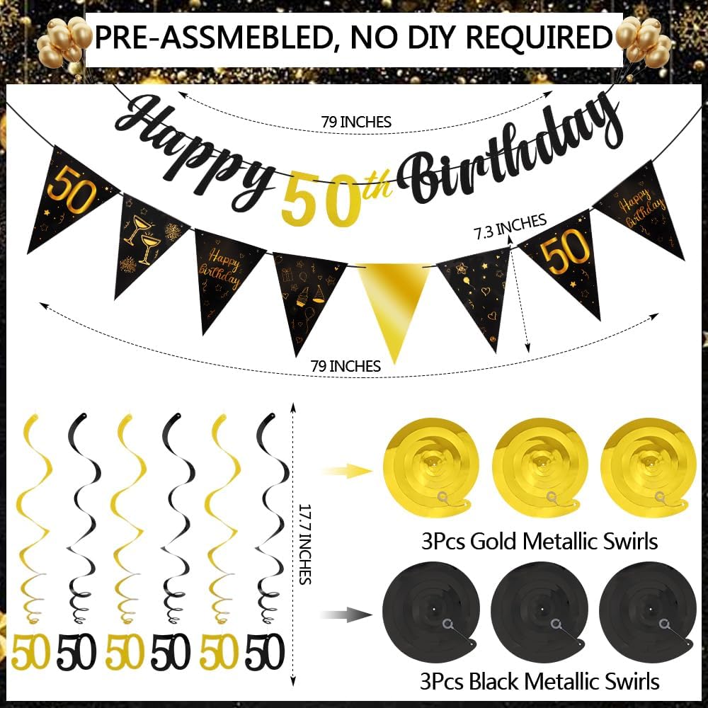 TOBATOBA 50th Birthday Decorations Kit for Men Women, Black Gold Happy 50th Birthday Banner, Triangle Flag Banner 50th Birthday Party Decorations, 50 Year Old Birthday Party Supplies