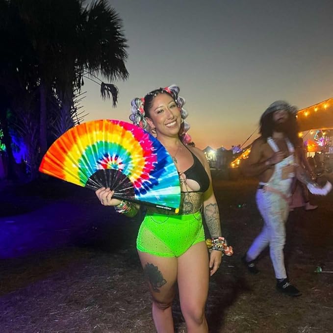 Kandies World UV Reactive Custom Festival Folding Hand Fan - Unique Designs, Made of Bamboo, Clacking Sound, Lightweight - Perfect Rave and Festival Accessory!