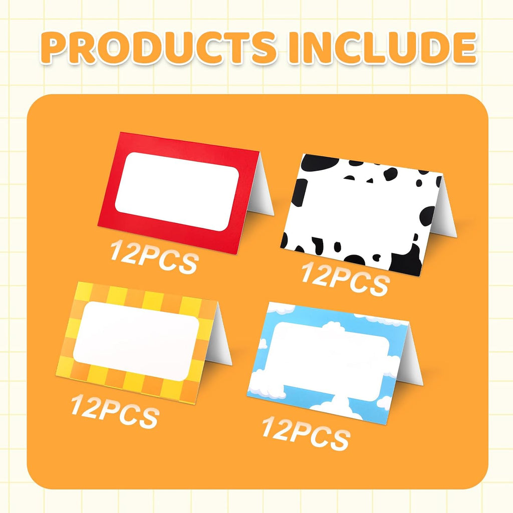 48pcs Cartoon Story Food Labels Signs - 6x4.6in 4 Style Theme Name Setting Card Folded Table Place Labels for Birthday Decorations Party Supplies