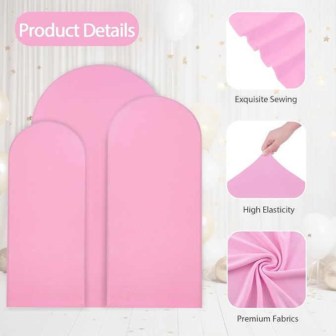 WEERRW Wedding Arch Cover Pink Spandex Fitted Set of 3 Balloon Arch Stand Covers Round Top Chiara Stretchy Backdrop for Birthday Party Baby Shower Banquet Decoration (6FT, 6.6FT, 7.2FT)