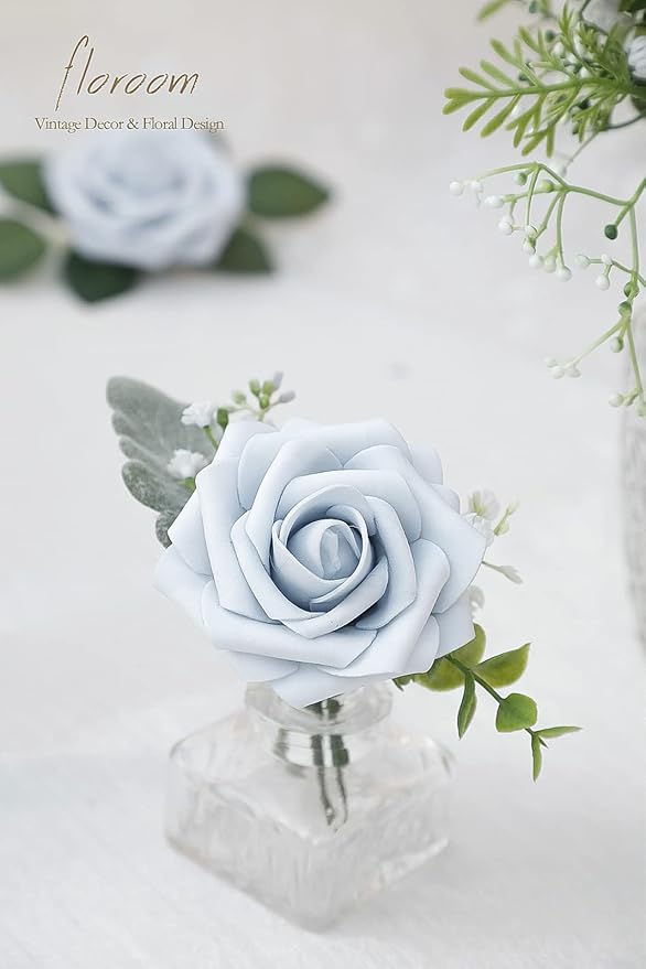 Floroom Artificial Flowers 50pcs Real Looking Powder Blue Foam Fake Roses with Stems for DIY Wedding Bouquets Bridal Shower Centerpieces Floral Arrangements Party Tables Home Decorations