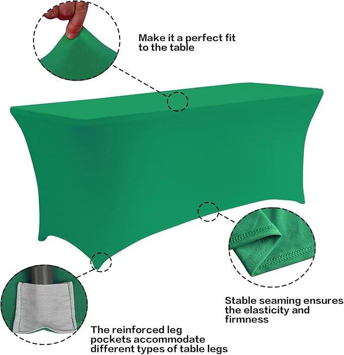 IVAPUPU 1 Pack 8FT Table Cloth for Rectangular Fitted Events Stretch Emerald Green Table Covers Washable Cover Spandex Tablecloth Protector for Party, Wedding, Cocktail, Banquet, Festival