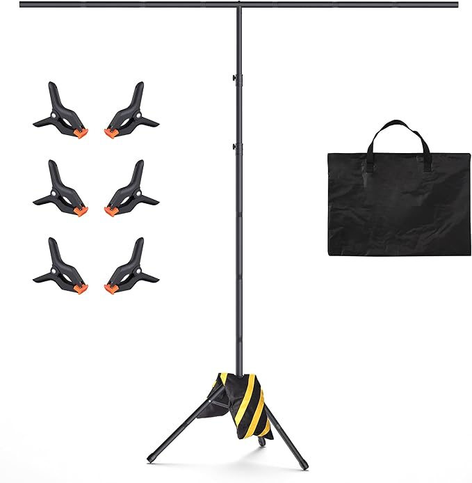 T-Shape Backdrop Stand 8x7.2FT, Height and Width Adjustable Background Stand for Parties,Green Screen Holder with 6 Spring Clamps