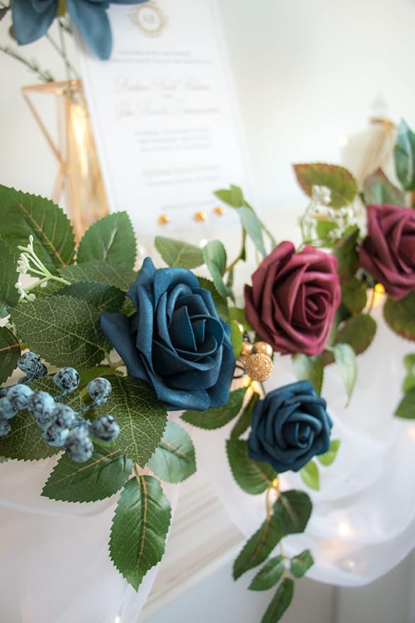 PONATIA 5FT Handcrafted Artificial Rose Flower Garland, Burgundy Flower Garland for Wedding Ceremony Garlands Backdrop Arch Flowers, Ceremony Reception Table Decorations (Burgundy & Navy)