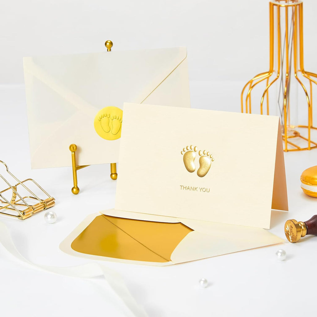 Crisky Embossed Footprint Baby Shower Thank You Cards 50-Pack 4x6 Inch - Heavy 300gsm Cardstock with Gold Foil Envelopes & Stickers for Baby Shower/Birthday