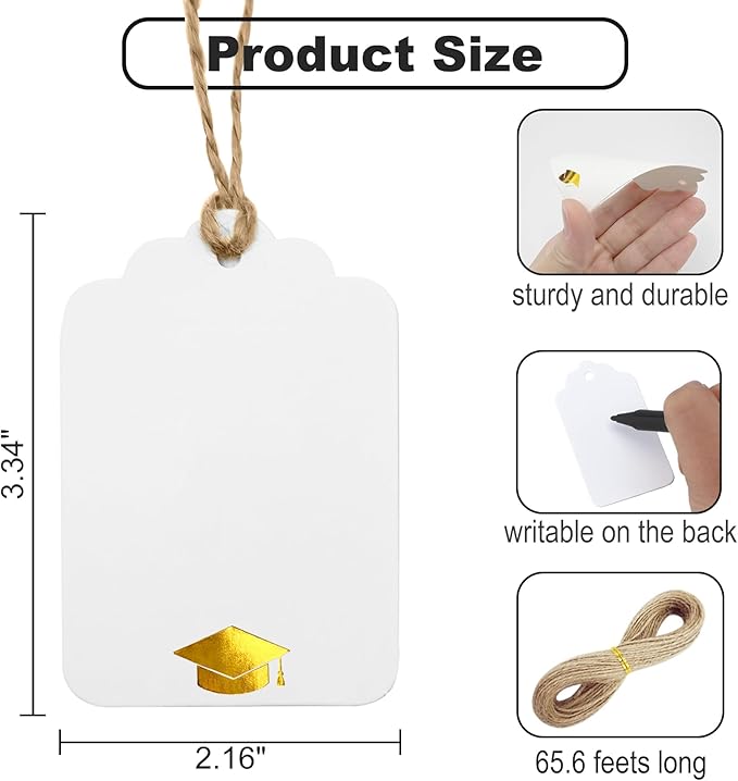 100Pcs Blank Gift Tags with String Foil Gold Grad Cap Large White Paper Gift Tags with 65 Ft Jute Twine for Congrats Grad Congratulations Graduation Party