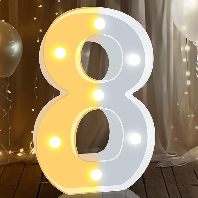 Pooqla LED Light Up Numbers, Warm White and Cool White Decorative Lighted Marquee Numbers for 8th Birthday Party, Gift for Boys Girls, Wedding, Night Light, 8th Birthday Decoration, Number 8