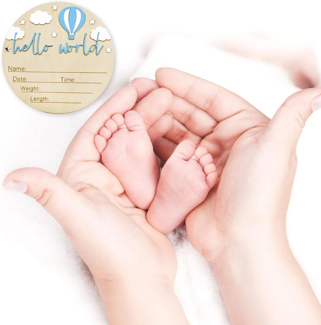 Baby Announcement Sign, 5.9 Inch Wooden Hello World Newborn Signs, Birth Announcement Sign and Pen, Hot Air Balloon and White Cloud Decoration, Welcome Newborn Arrival to World (Blue)