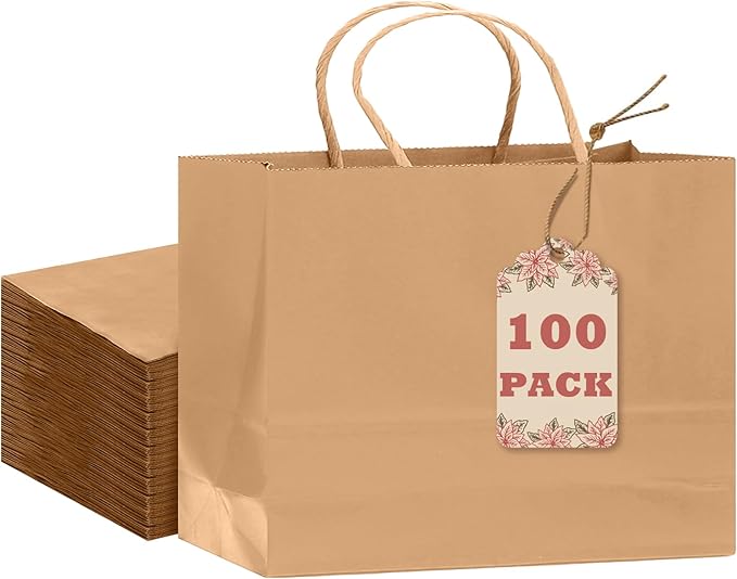 qiqee 13"x4.5"x10" Large Gift Bag with Handles Bulk 100PCS Gift Paper Bags Brown Bags Multiple Uses (Wide Large)