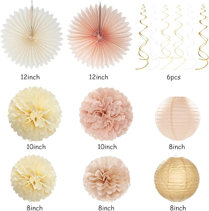 Champagne-Gold Beige Fall Bridal-Shower Party-Decorations - 36pcs Bride To Be Banner,Bachelorette Paper Lanterns,Wedding Streamers Garland,Boho Peach Tissue Pom Poms Flower Fan Decor Supplies Burgleda