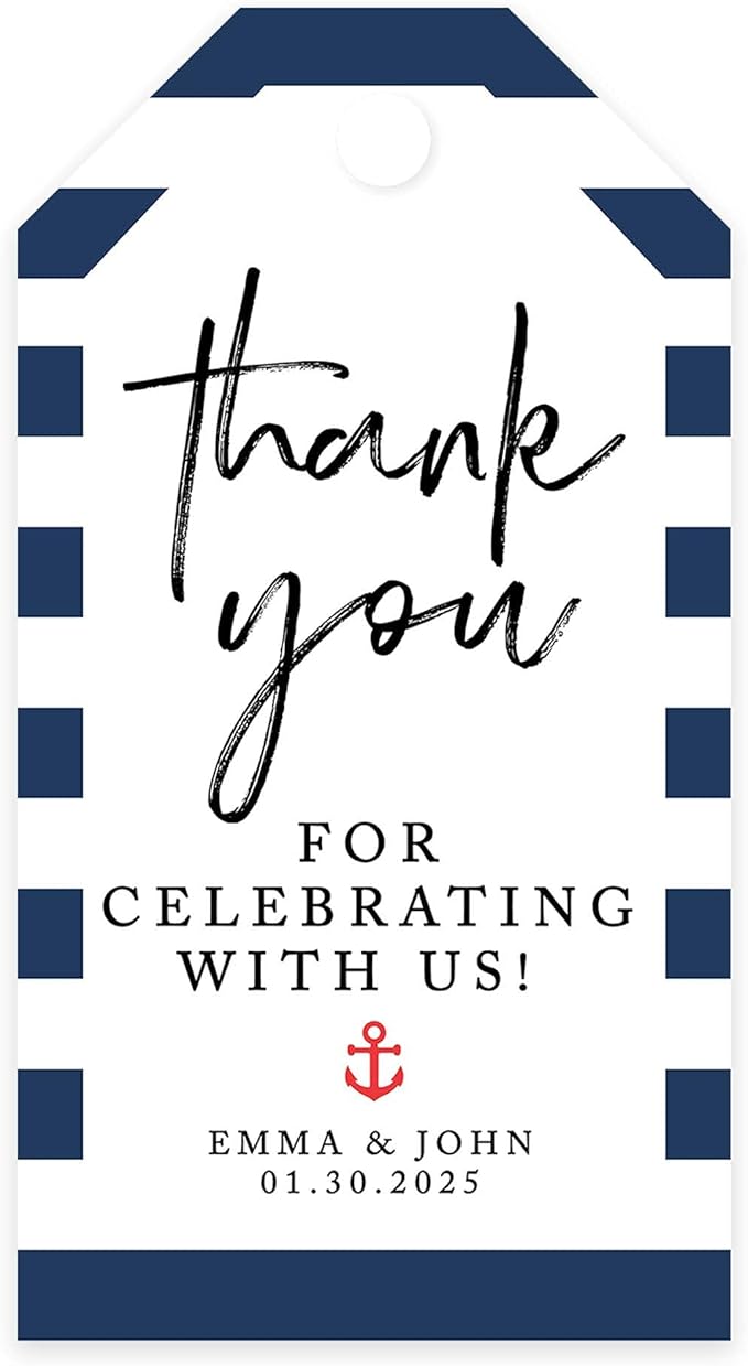 Andaz Press 100-Pack Personalized Thank You Tags with Bakers Twine Nautical Beach Custom Cardstock Wedding Gift Tags for Wedding Party Favors 2 x 3.75-Inches