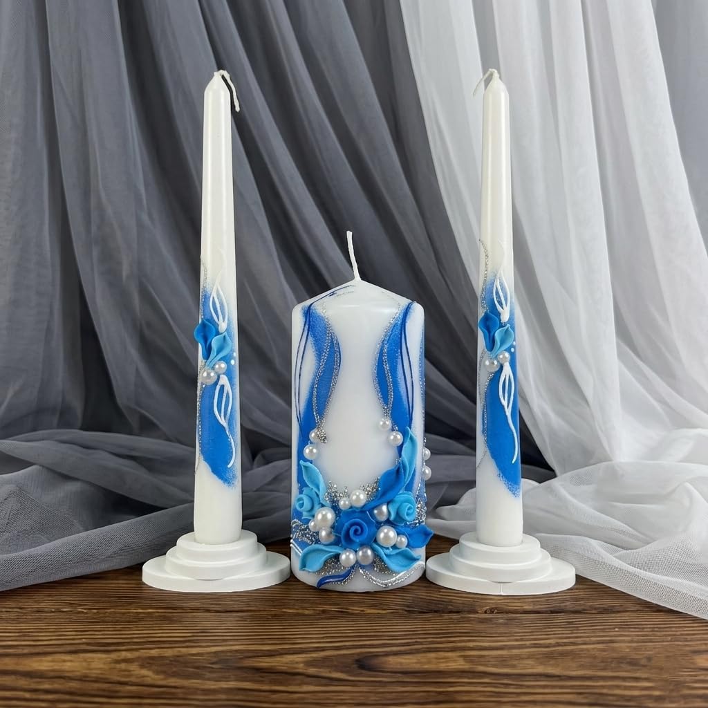 Unity Candle Set - Wedding Ceremony & Reception – 6” Pillar & Two 10” Taper Candles – Long Burning Unity Candles for Marriage Ritual – Handmade in USA - Royal | Blue