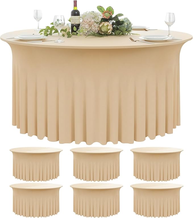 6 Pack Champagne Round Spandex Tablecloth 60 Inch, Wrinkle Free Stretch 120 Inch Fitted 5ft Champagne Table Cloths Round Table Covers with Ruffle Skirt for Party Wedding Banquet