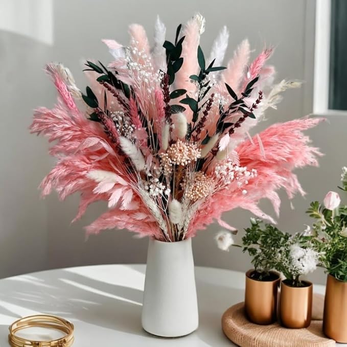 Pink Pampas Grass Dried Flowers Bouquet for Home Decor, Wedding Decor, Boho Style Floral Arrangement Without Flower Vase