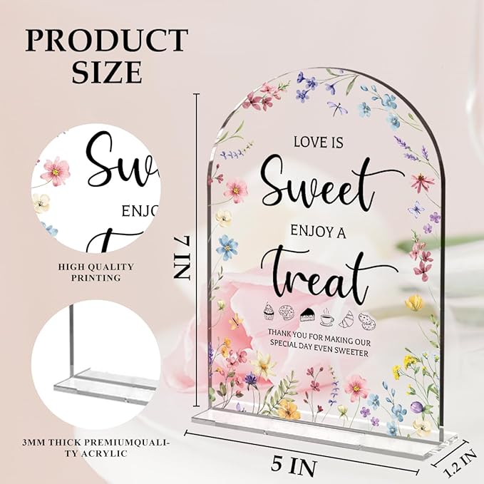 Wedding Signs Decor, Love is Sweet Sign for Dessert Table, Wedding Supplies 5x7 Inch, Wedding Signs for Ceremony And Reception, Arch Acrylic Table Sign for Anniversary, Bridal Shower Decor (Flower)