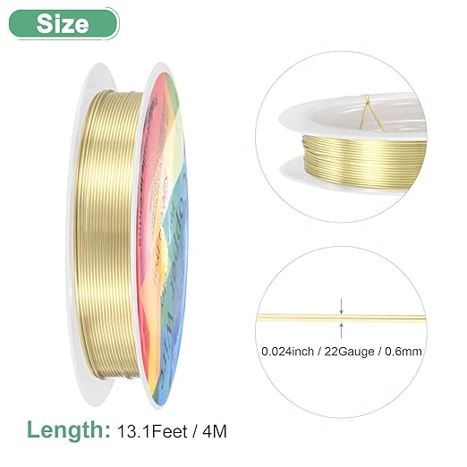 0.6 mm/22 Gauge Copper Wire for Jewelry Making, 13.1FT Copper Beading Craft Wire for Jewelry/Weaving/DIY Crafting/Planting, Color-Retaining [4M, Light Golden]