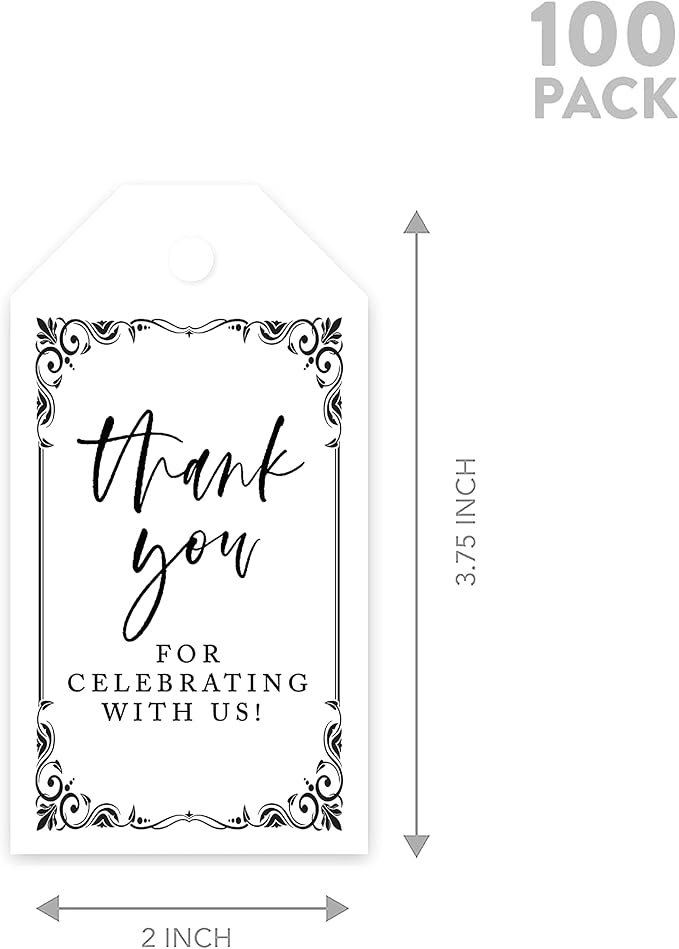 Andaz Press 100-Pack Thank You for Celebrating with Us Favor Tags Art Deco Cardstock Gift Tags with Bakers Twine for Wedding Baby Shower Bridal Shower Birthday Party Favors 2 x 3.75-Inches