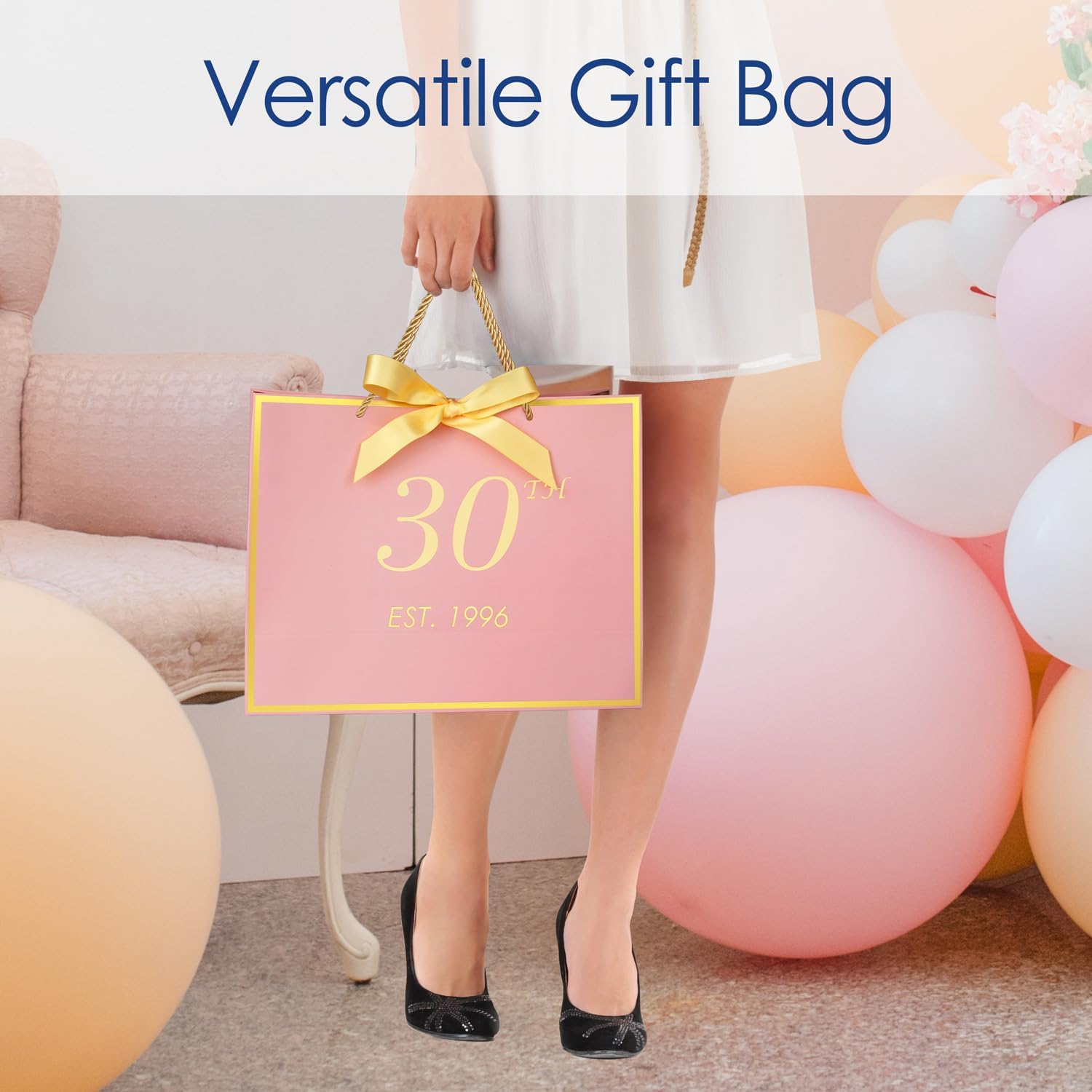 momoake 30th Birthday Gift Bag with Card and Tissue Paper for Women/Her, 1996 30 Year Old 13" Elegant Pink Gold Anniversary Keepsake Party Present Shopping Paper Bags for 30th Birthday Decorations