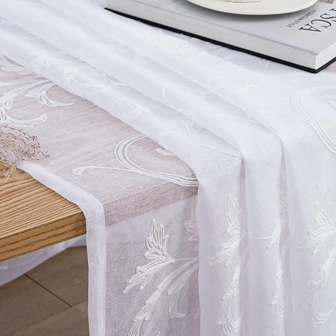 Floral Embroidery Sheer Curtains White 45 Inch Length, Vintage Rod Pocket Voile Drapes for Living room, Bedroom, Window Treatments Semi Crinkle Curtain Panels for Villa, Parlor, Set of 2, 52"x 45".