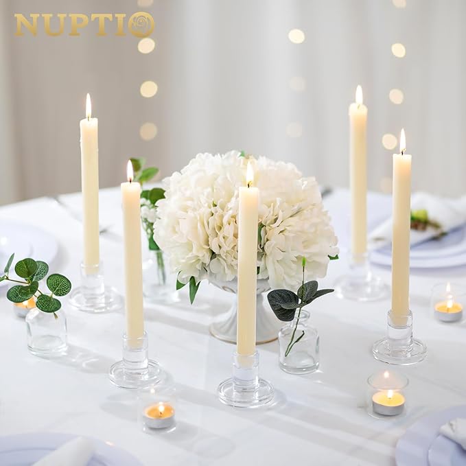 NUPTIO Glass Candle Stick Holder: Set of 10 Clear Small Taper Candlestick Holders for Tapered Candles Bulk Crystal Short Tapers Candlesticks Candleholder for Dining Table Fireplace Mantle Decor
