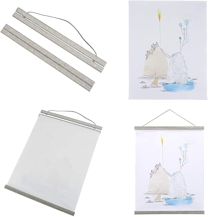 Magnetic Poster Hanger, 17x24 17x11 17x22 Poster Frame Wood Wooden Magnet Print Posters Dowel Scroll Hanger Hangers Hanging Kit for Walls Map Canvas Artwork (Grey, 17")
