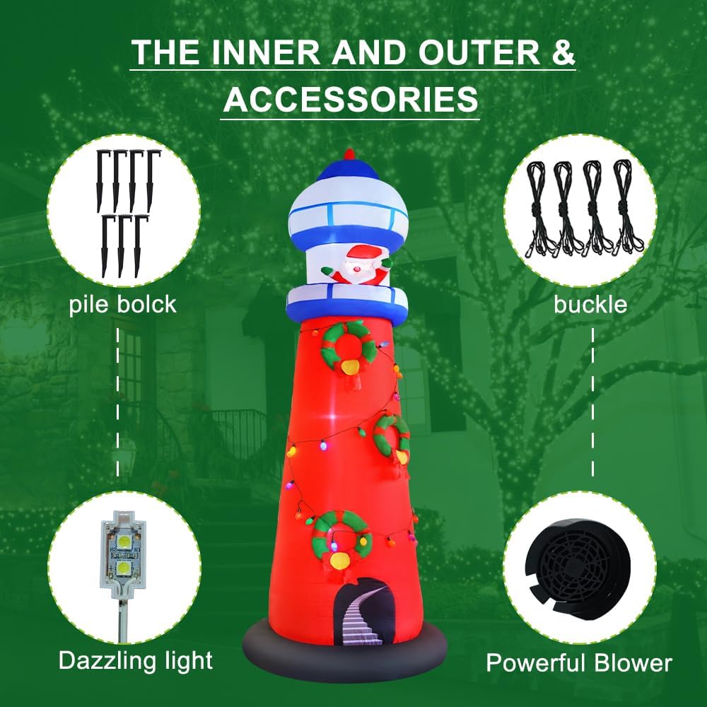 christmas inflatable lighthouse decorations, 10ft giant blow up, side view