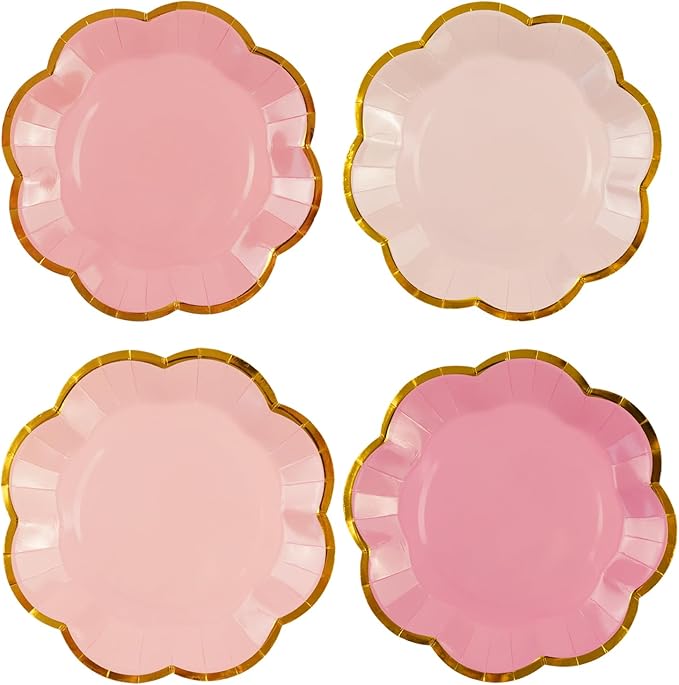 48Pcs Light Pink Scalloped Party Plates - 7inch Gold Foil Gradient Pink Dessert Paper Plate Disposable Cake Plates for Birthday Bridal Baby Shower Wedding Party Decorative Supplies