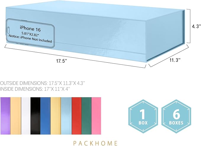 PACKHOME Extra Large Gift Box 17.5x11.3x4.3 Inches, Sturdy Shirt Box with Magnetic Lid for Clothes and Large Gifts (Glossy Light Blue)