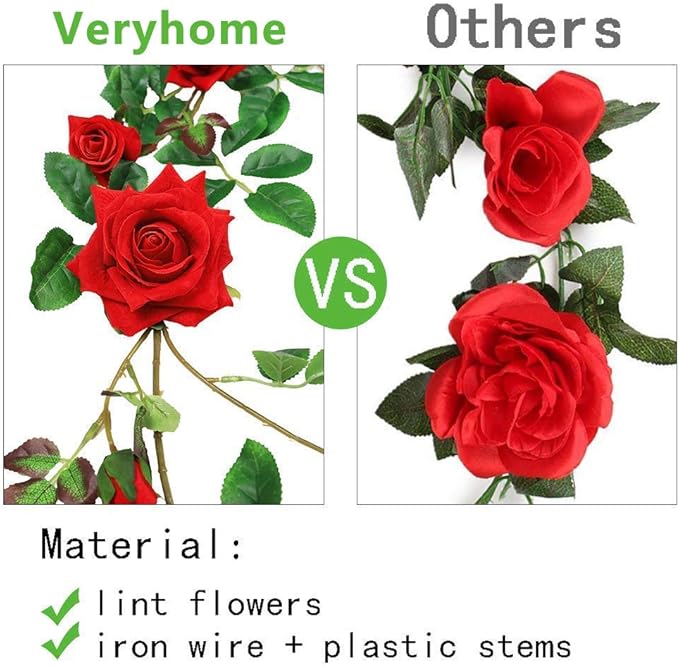 Veryhome Rose Vine Artificial Flower Garland Fake Hanging Rose Ivy Plants 6ft for Wedding Home Party Garden Arrangement Decor Pack of One (Red)