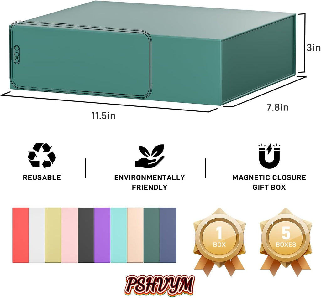 PSHVYM Gift Boxes with Lids, 11.5x7.8x3 In Forest Green Gift Box for Presents Magnetic Closure for T-Shirts, Gloves, Scarves, Books, Baby Clothes, Robes Clothing Gift Wrap, Contains Card, Ribbon