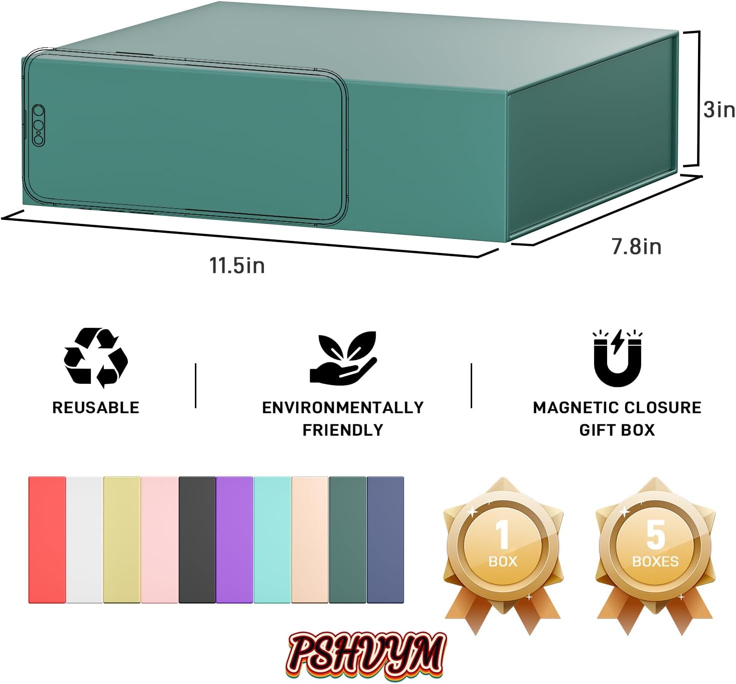 PSHVYM Gift Boxes with Lids, 11.5x7.8x3 In Forest Green Gift Box for Presents Magnetic Closure for T-Shirts, Gloves, Scarves, Books, Baby Clothes, Robes Clothing Gift Wrap, Contains Card, Ribbon