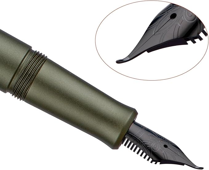 Hongdian M2 Black Forest Mini Fountain Pen, Bent Nib & Sleek Shape Aluminium Short Pocket Travel Pen (Army Green)