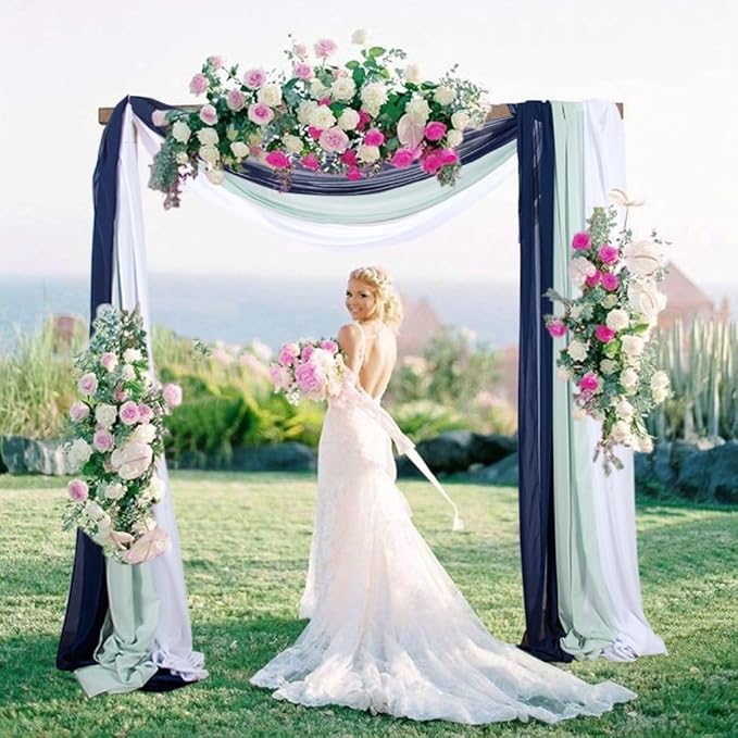 3 Panels 20Ft Chiffon Wedding Arch Drapes Navy Sheer Ceiling Drapes Romance Coast Atmospher Wedding Arch Draping Fabric Arbor Drapery Wedding Anniversary Decorations (White+Aqua+Navy)