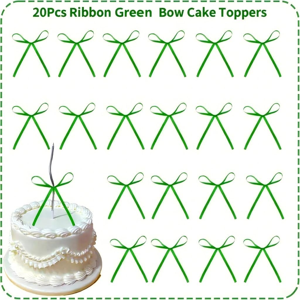 20 PCS Green Bow Cupcake Toppers，Ribbon Bow Cake Decorations，Bowknot Ribbons Coquette, High Footed Cup Balloon Wall Party Decorations，Bridal Wedding Cake Dessert Baby Party Supplies (Green)