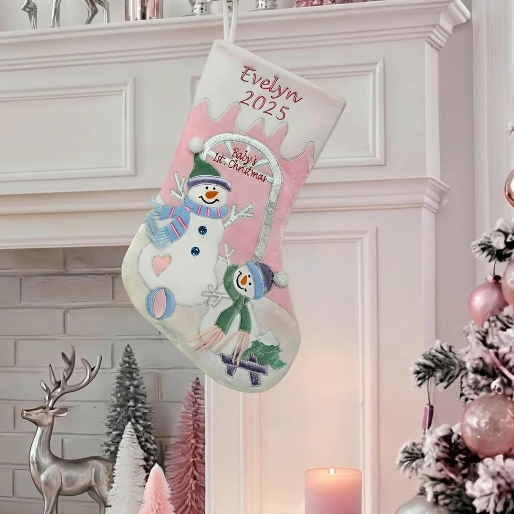 Baby's 1st Christmas Stocking with Large 20" Pink Snowman Velvet Personalized Stockings for First Christmas