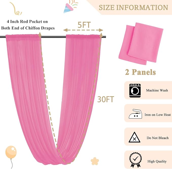 MODFUNS Pink Wedding Drapes 5x30ft 2 Panels Wedding Arch Draping Fabric Chiffon Semi Sheer Drapery Curtain Ceiling Covering Fabric for Party Banquet Decorations