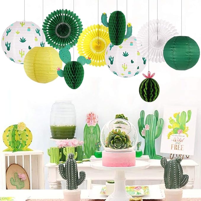 Cactus Party Decorations, Hawaiian Party Supplies Tropical Hanging Paper Lanterns Cactus Honeycomb Tissue Paper Fans for Llama Birthday Luau Party Decorations (Green)