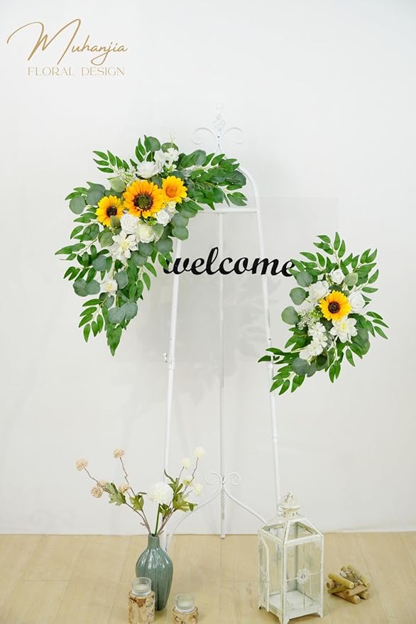 Wedding Sign Faux Flower Swag (Pack of 2) for Ceremony Party Reception Entrance Floral Decor Wall Easel Stand for Wedding Poster Welcome Sign(Sunflower)