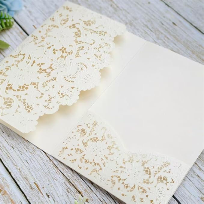 MillaSaw Ivory Embossed Laser Cut Invitation Pocket Envelope, Floral Engraved Invitation Sleeve, for Anniversary Bridal Shower Quinceañera Birthday Party (ivory)
