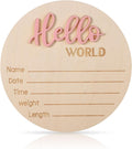 Baby Announcement Sign, 5.9in Wooden Hello World Newborn Signs Birth Announcement Sign Welcome Name Plaques for Newborn Boys and Girls Photo Props Baby Shower Hospital Nursery (Light Pink)