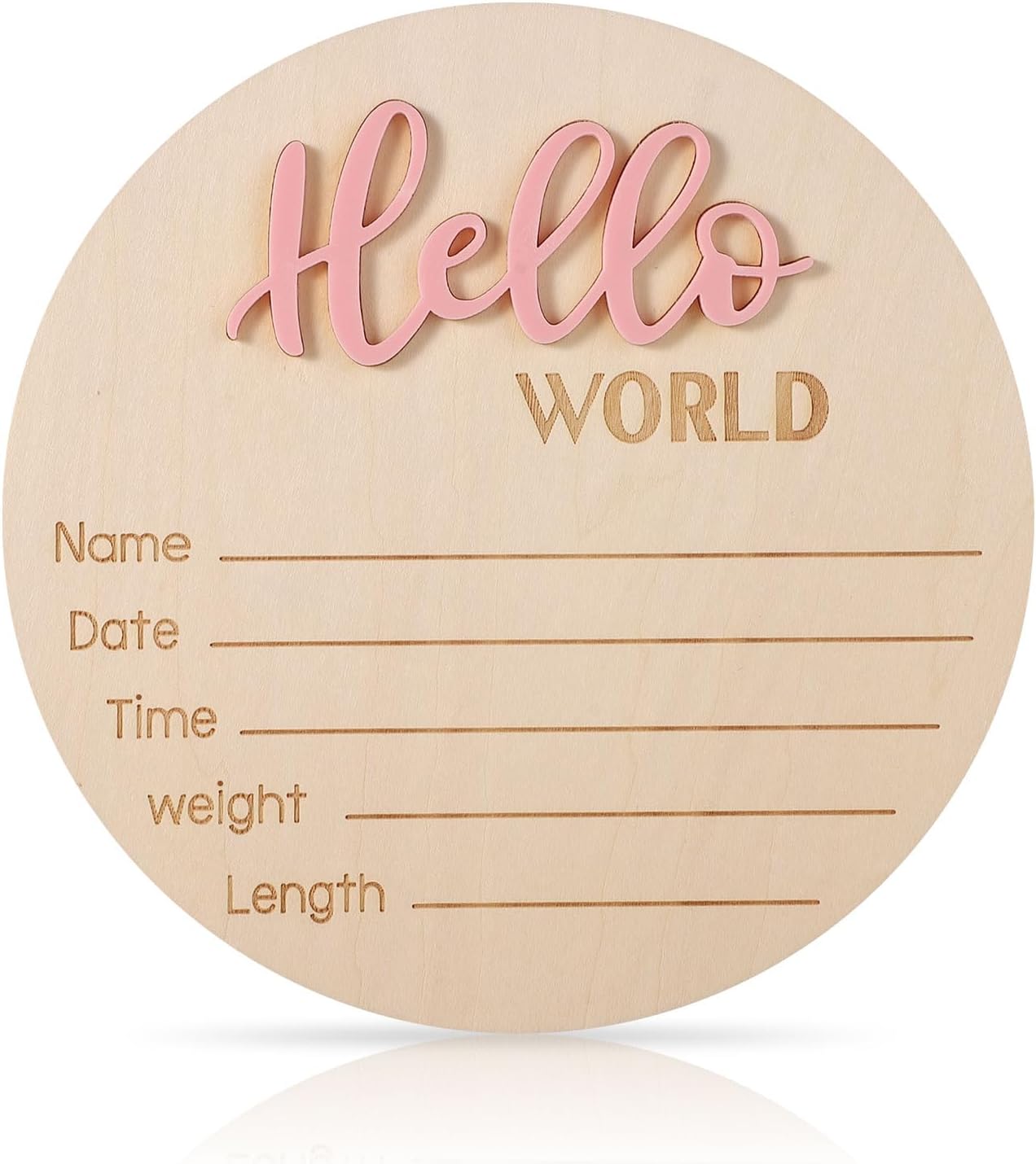 Baby Announcement Sign, 5.9in Wooden Hello World Newborn Signs Birth Announcement Sign Welcome Name Plaques for Newborn Boys and Girls Photo Props Baby Shower Hospital Nursery (Light Pink)