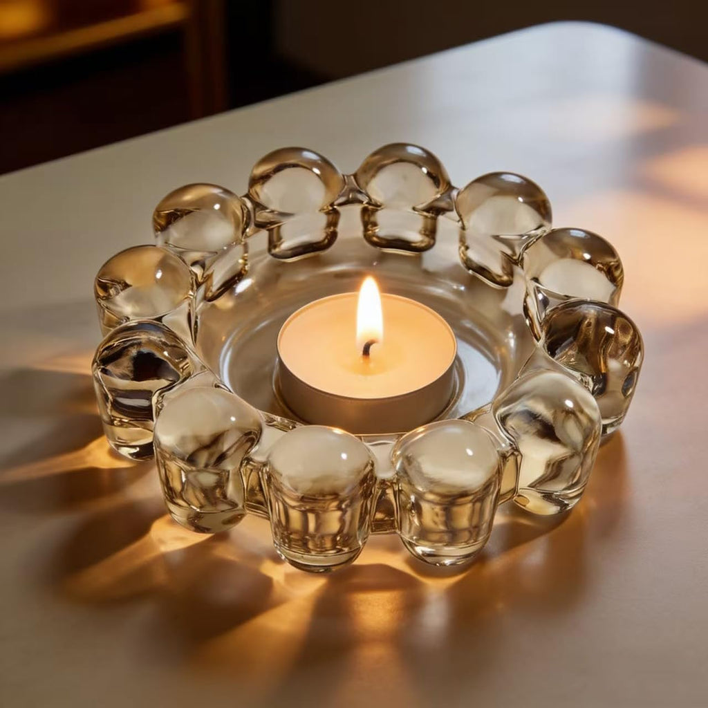khtumeware Chic Smoky Bubble Glass Candle Dish – Modern Clear Glass Candle Holder for Tealights & Diffusers, Decorative Tray for Home & Tabletop Decor（1 Pack）