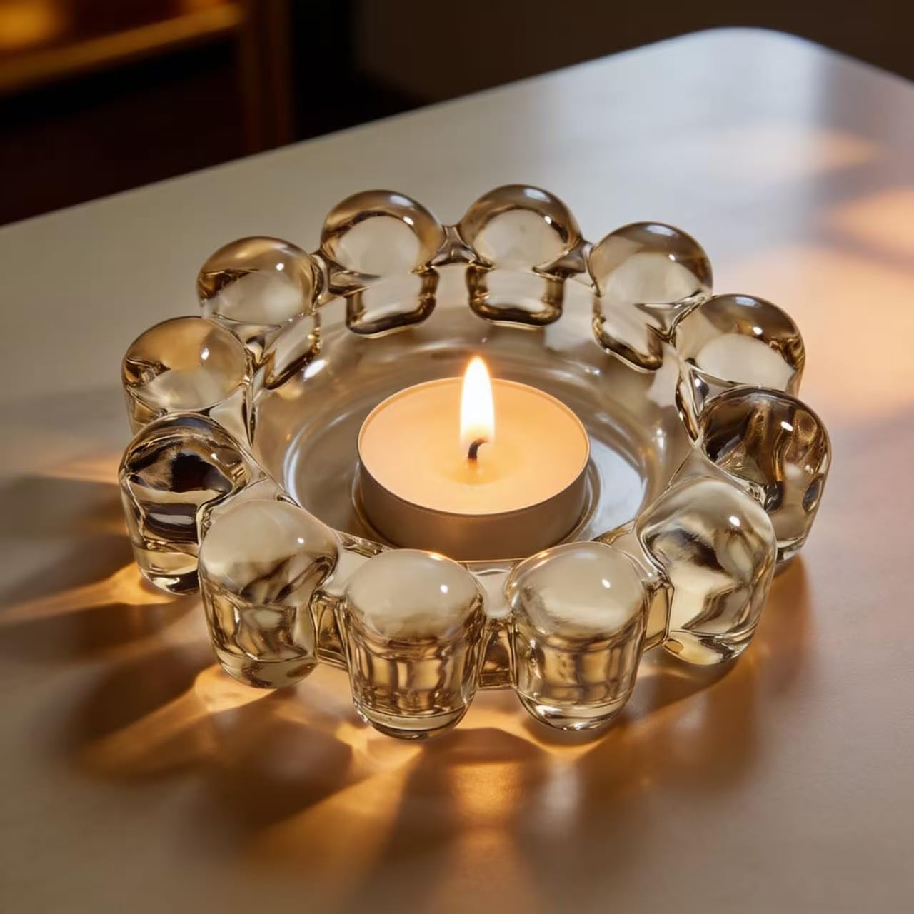khtumeware Chic Smoky Bubble Glass Candle Dish – Modern Clear Glass Candle Holder for Tealights & Diffusers, Decorative Tray for Home & Tabletop Decor（1 Pack）