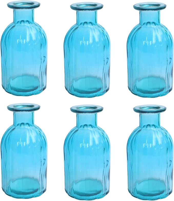 6 Sets Glass Bud Vase Small Vases for Flowers, Blue Vase Set for Centerpieces Home Decorative Mini Bud Vases in Bulk, Round Vintage Glass Bottles,2.85"X 5.4"