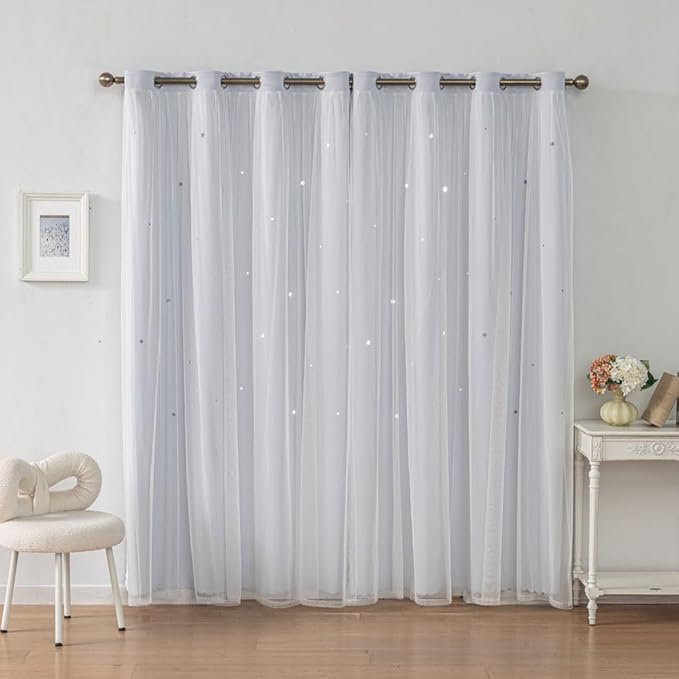 Ombre Rainbow Blackout Curtains for Kid Girls Bedroom Living Room Darking Stripe Double Layer Star Cut Out Wall Home Decor Gradient Grommet Window Curtains (Greywish White 84)