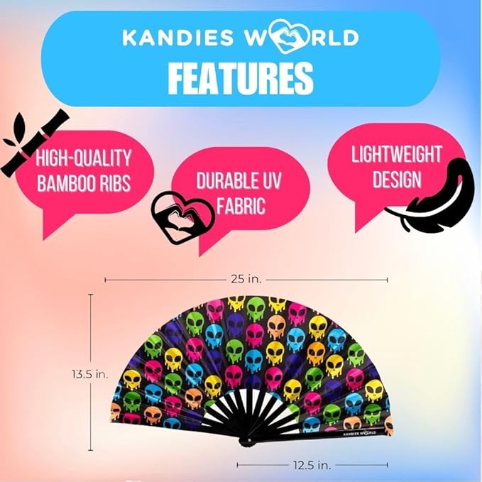 Kandies World UV Reactive Custom Festival Folding Hand Fan - Unique Designs, Made of Bamboo, Clacking Sound, Lightweight - Perfect Rave and Festival Accessory!